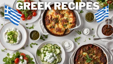 A top-view photo of various Greek dishes, including salads, tzatziki, and baked dishes like moussaka, arranged around the text "GREEK RECIPES." The image is adorned with small Greek flags, emphasizing the theme of Greek cuisine.