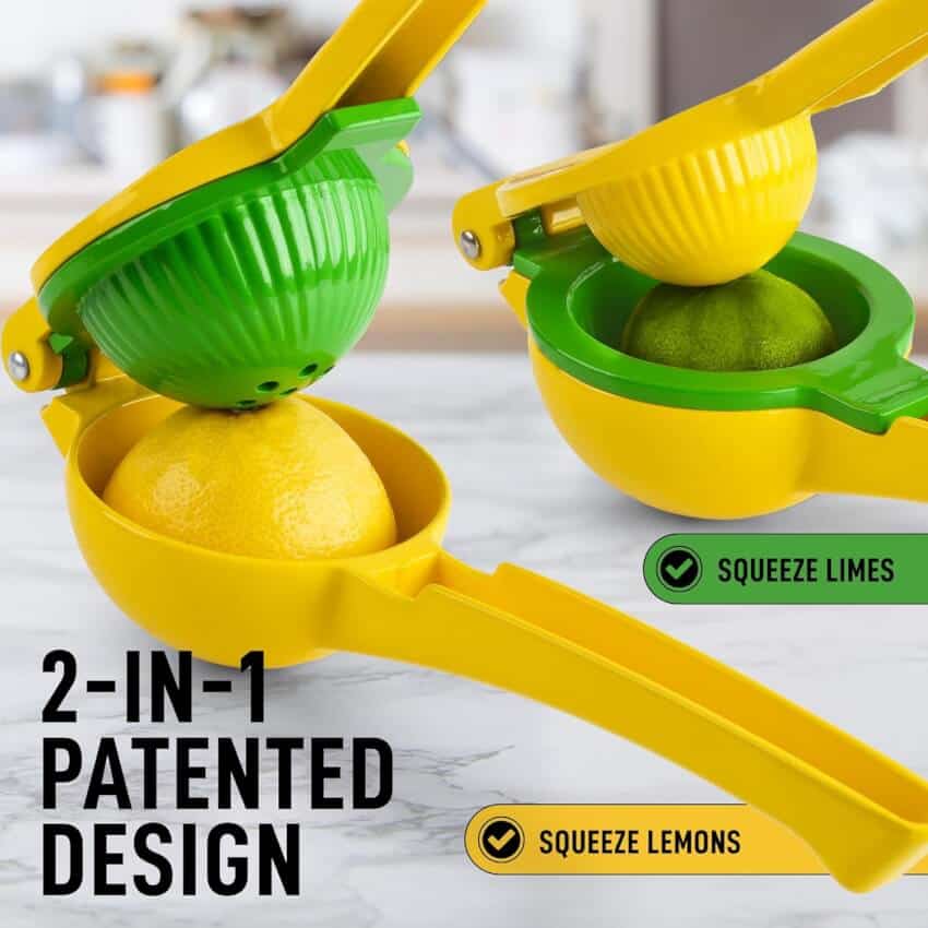 Image of a dual-sided lemon and lime squeezer, featuring a green side for limes and a yellow side for lemons. The squeezer is depicted in use with a lemon on one side and a lime on the other. Text reads "2-in-1 Patented Design," with labels identifying the sides for lemons and limes.