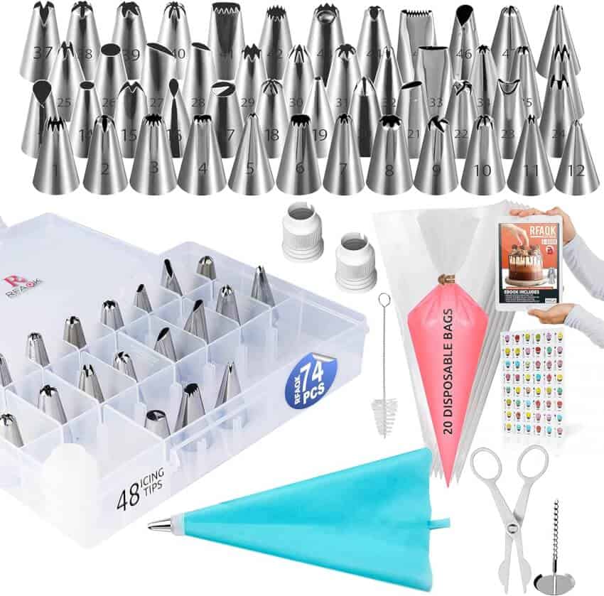 A comprehensive cake decorating set featuring 48 icing tips, two couplers, a reusable piping bag, 20 disposable bags, a flower nail, a cleaning brush, a pair of scissors, a storage box, and an instructional book. Ideal for detailed and creative cake designs.