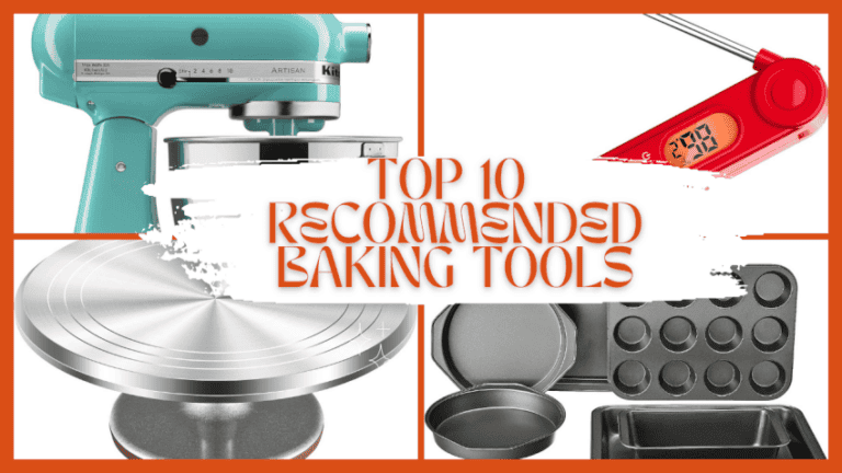 A collage image featuring "Top 10 Recommended Baking Tools" text. The image displays a stand mixer, digital thermometer, cake decorating turntable, round cake pans, a muffin tray, and a loaf pan. The tools are arranged around the text in a dynamic layout.