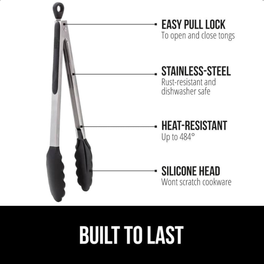 A pair of kitchen tongs with labels highlighting features: "Easy Pull Lock" for opening and closing, "Stainless-Steel" construction that is rust-resistant and dishwasher safe, "Heat-Resistant" up to 484°F, and a "Silicone Head" that won’t scratch cookware. Text below reads "Built to Last.