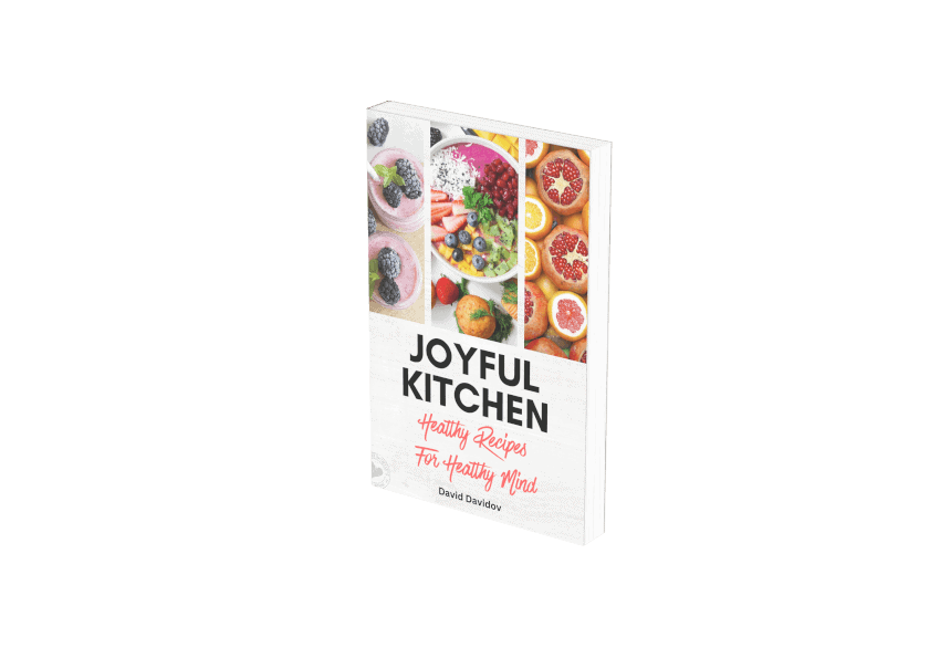 The image shows the cover of a cookbook titled "Joyful Kitchen: Healthy Recipes For Healthy Mind" by David Davidson. The cover features colorful images of various fresh fruits and dishes, including berries, grapefruit, and a vibrant salad, against a white background.