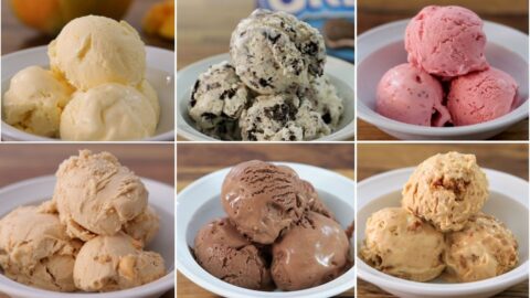 A collage of six bowls of different ice cream flavors. From top left and moving clockwise: vanilla, cookies and cream, strawberry, butter pecan, chocolate, and caramel ice cream. Each bowl is filled with scoops of creamy ice cream on a wooden table.