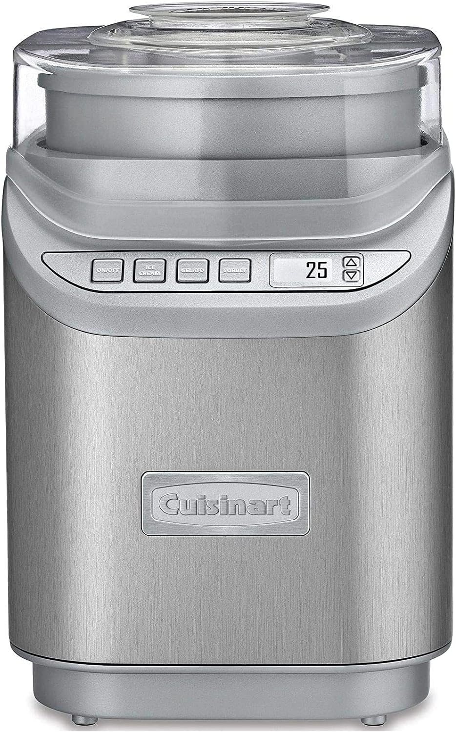 A stainless steel Cuisinart ice cream maker with a digital display set at 25 minutes, control buttons, and a transparent lid. The machine has a modern design and the brand name "Cuisinart" is prominently displayed on the front.