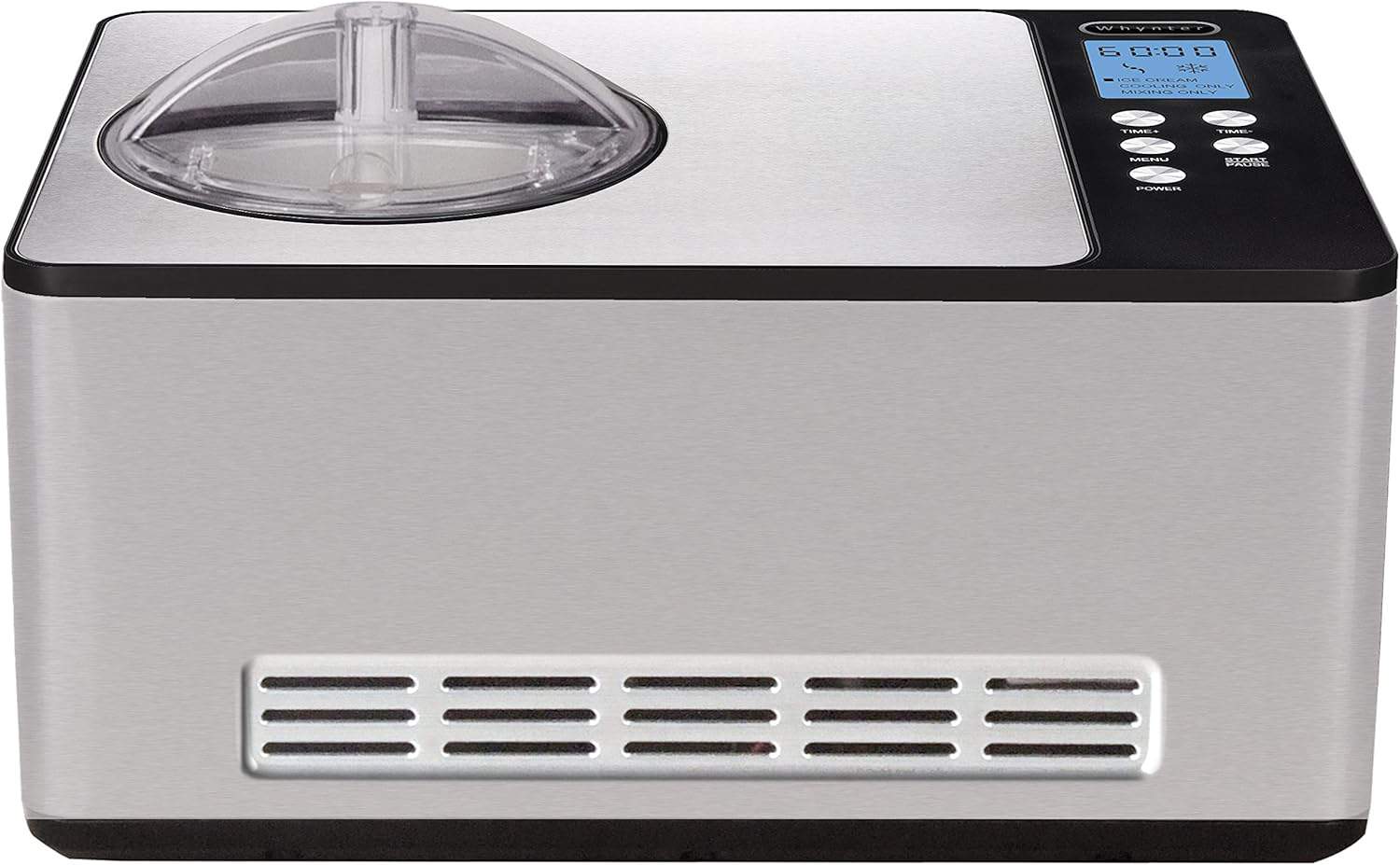 An automatic ice cream maker with a stainless steel body, a transparent lid, and a digital control panel with various buttons and a display screen on the top right. The front features a vent for cooling.