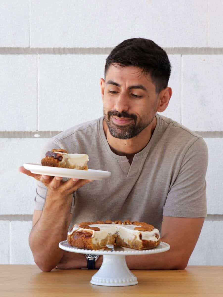 David looking at the carrot cake cheesecake