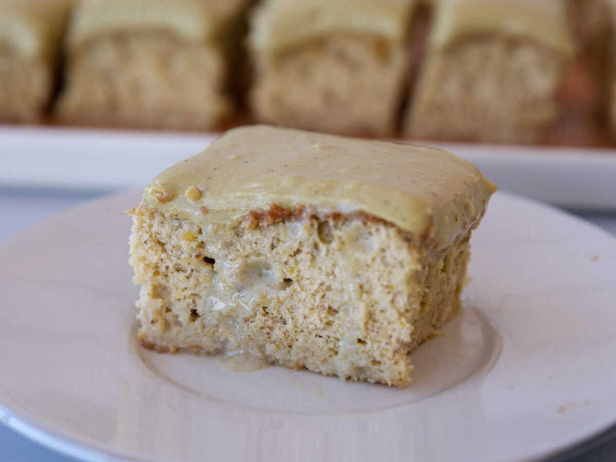 a moist pistachio tres leches cake