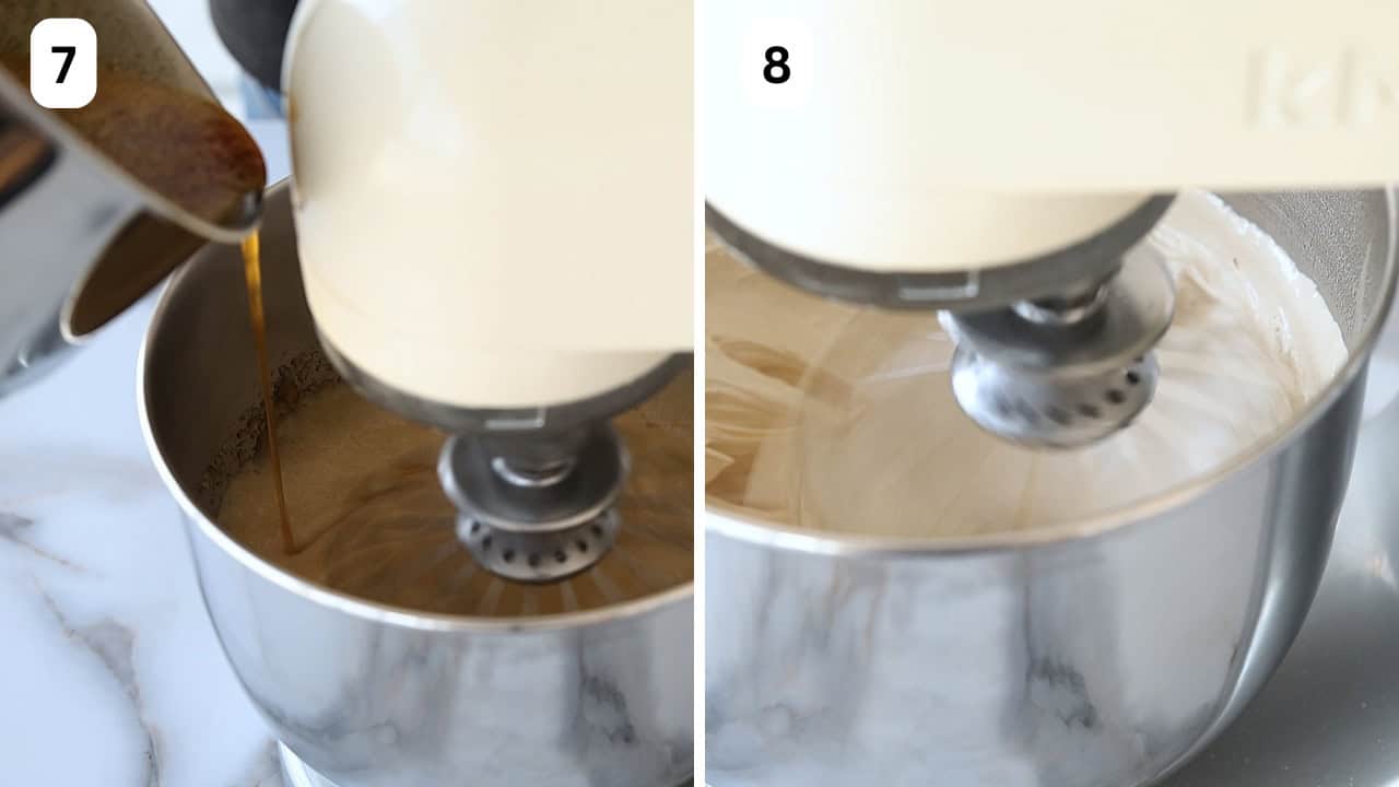 pour the syrup in a thin stream while mixing at high speed until achieving stiff peaks