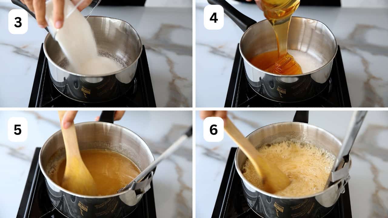 Heat the sugar mixture with honey to the correct temperature (290F/145C) using a candy thermometer