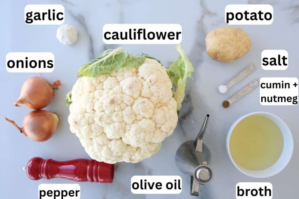 ingredients to make roasted cauliflower soup.