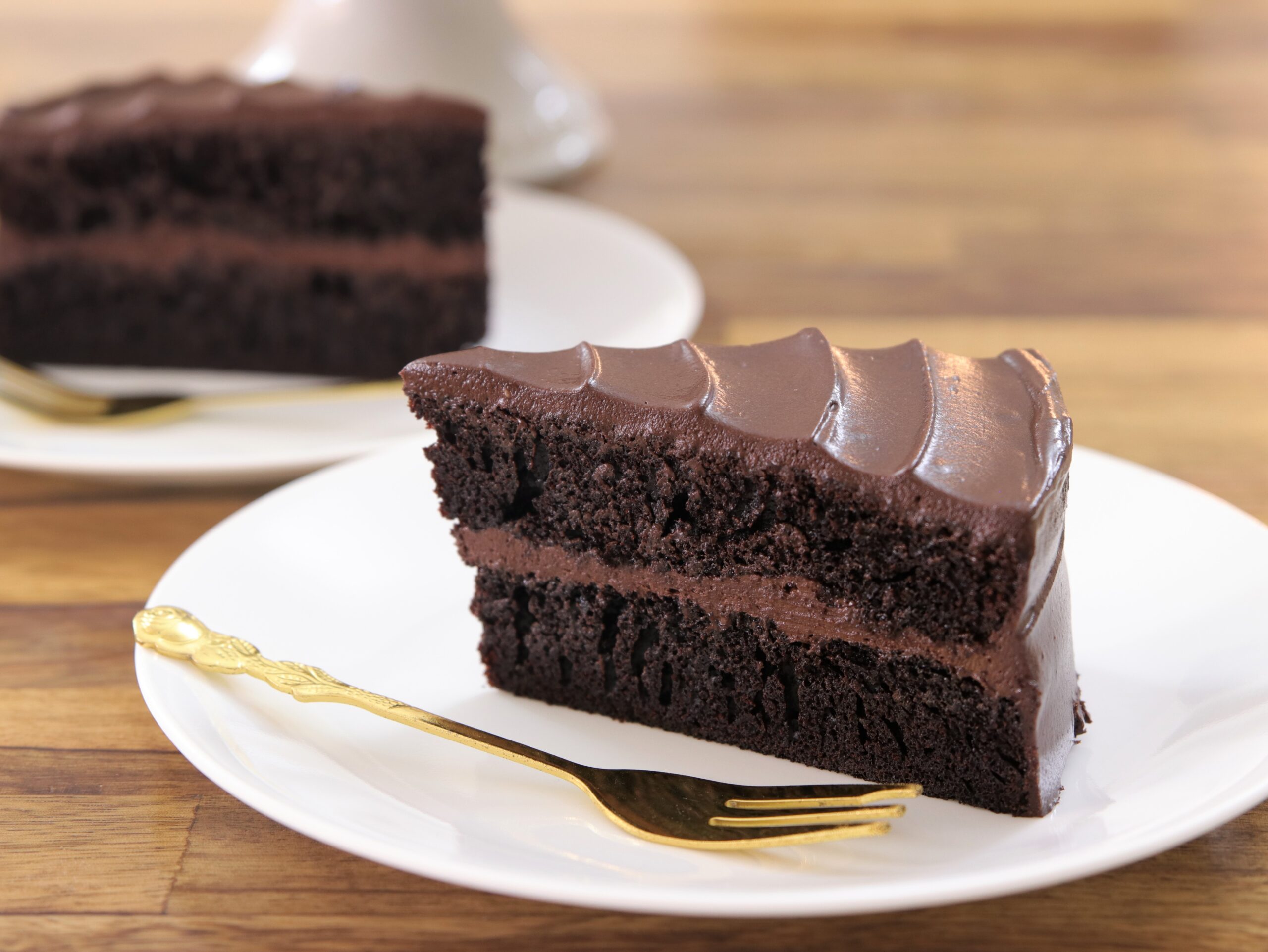 layered chocolate cake with chocolate frosting