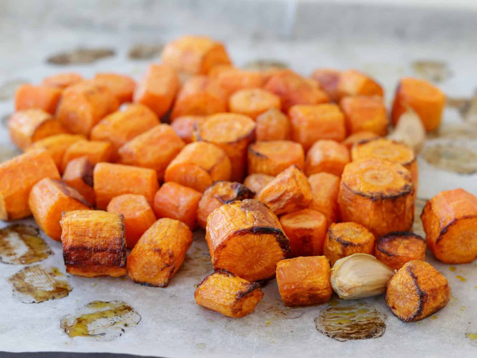 roasted carrots on a baking tray