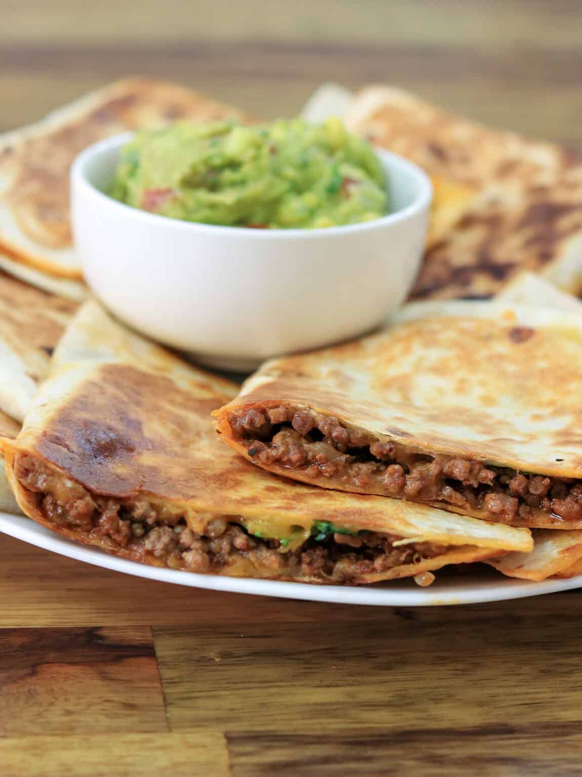 Cheesy Ground Beef Quesadillas with homemade guacamole 