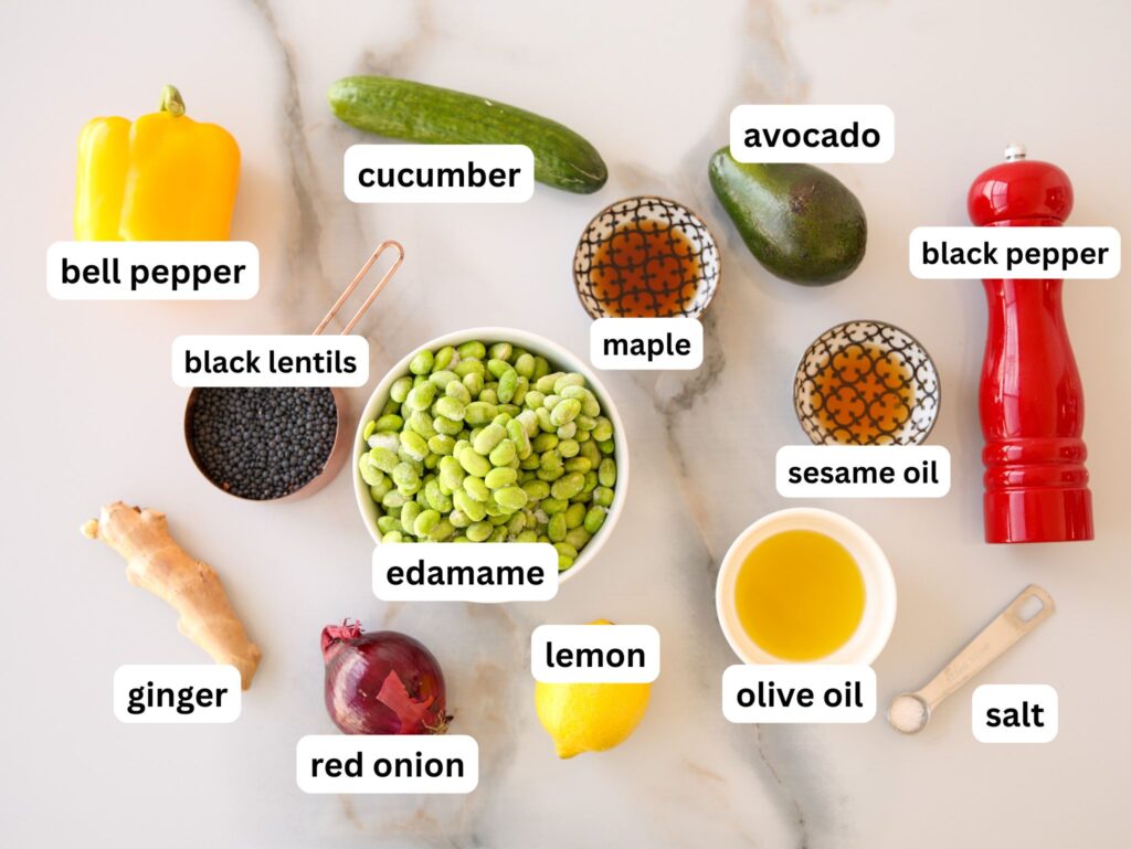 an image of all ingredients needed for edamame salad