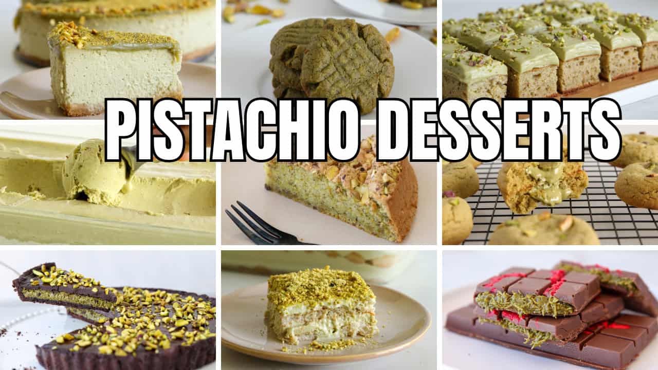 an image that shows 9 different pistachio dessert and text that says 13 pistachio desserts