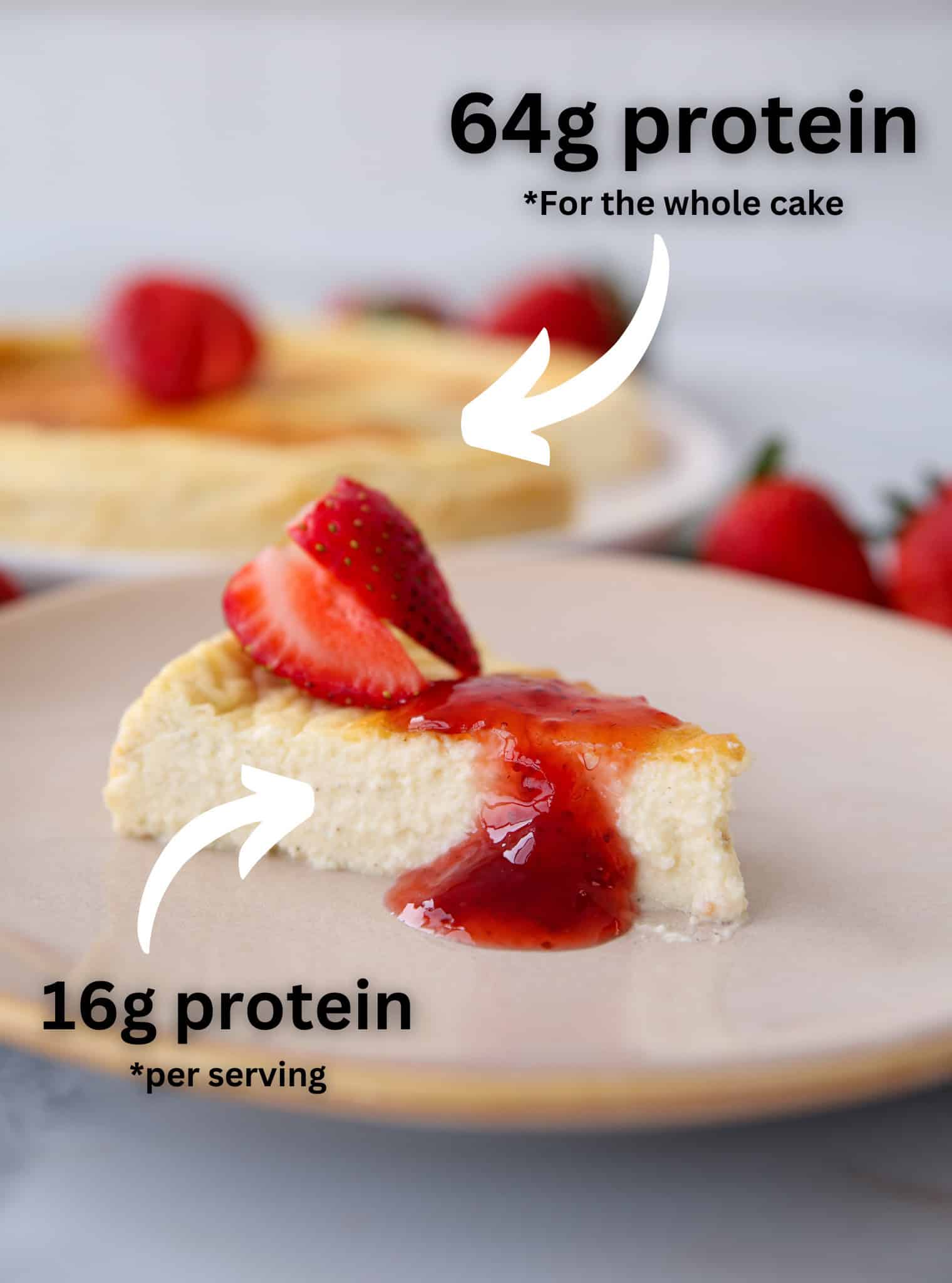 a slice of cheesecake topped with jam and strawberries with a text that says 16g of protein per serving.