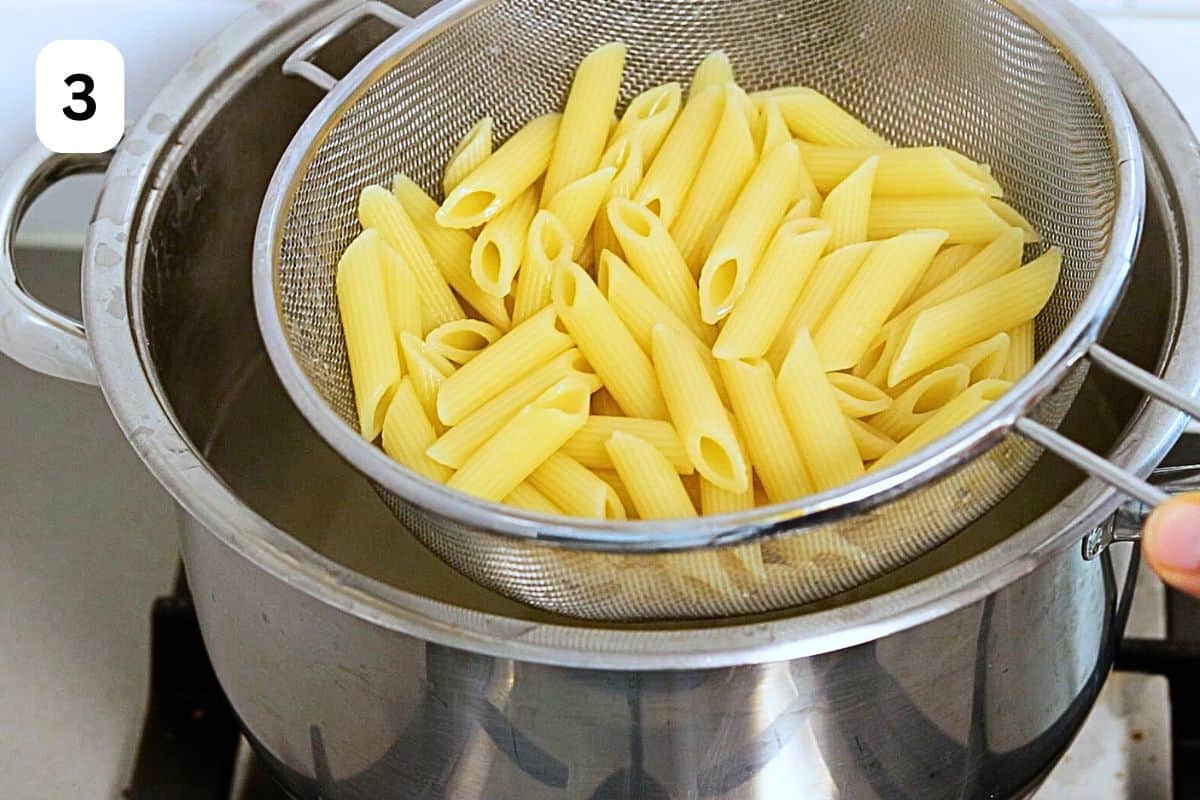 draining pasta with a colander.