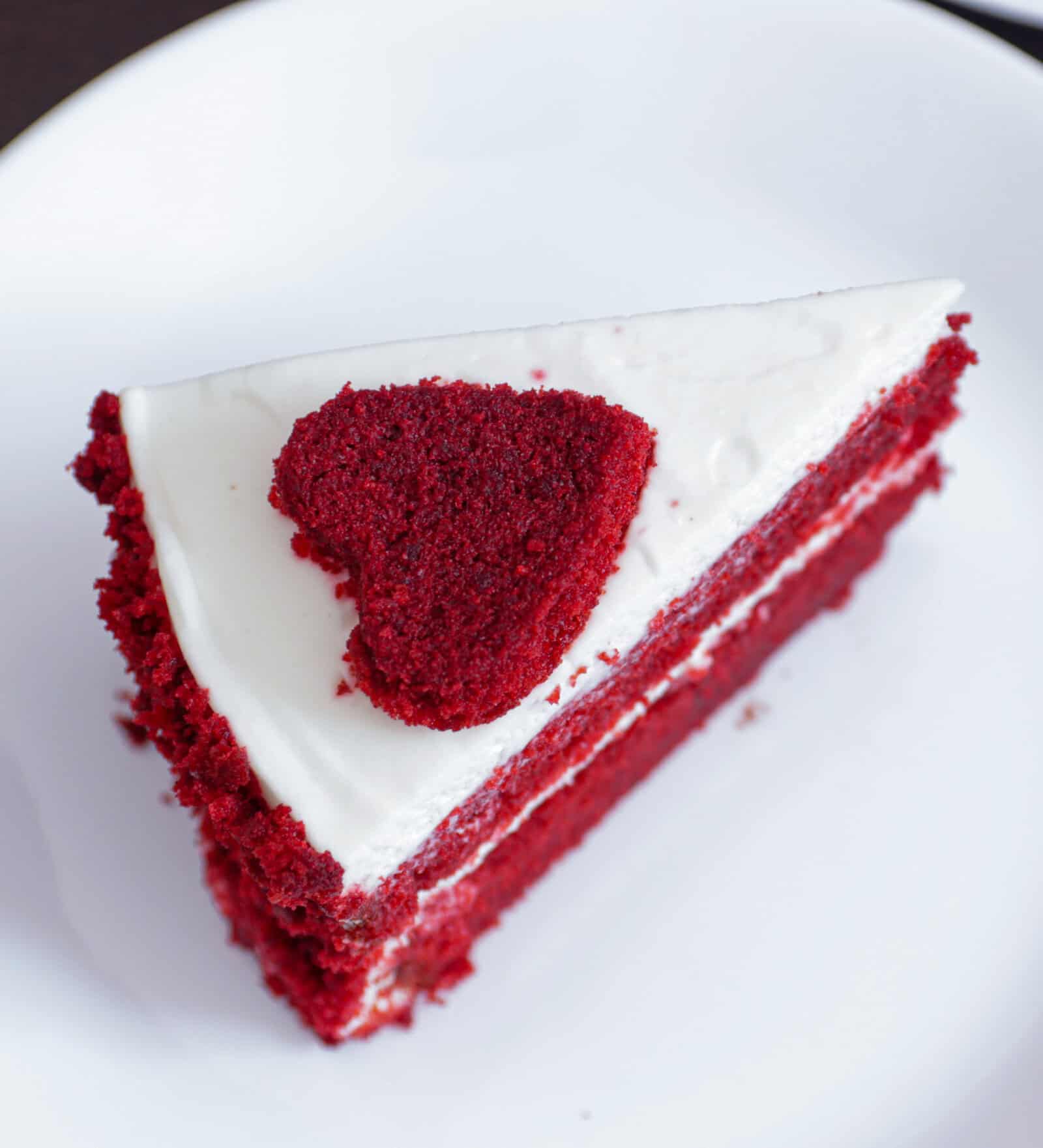 a decorated slice of red velvet cake