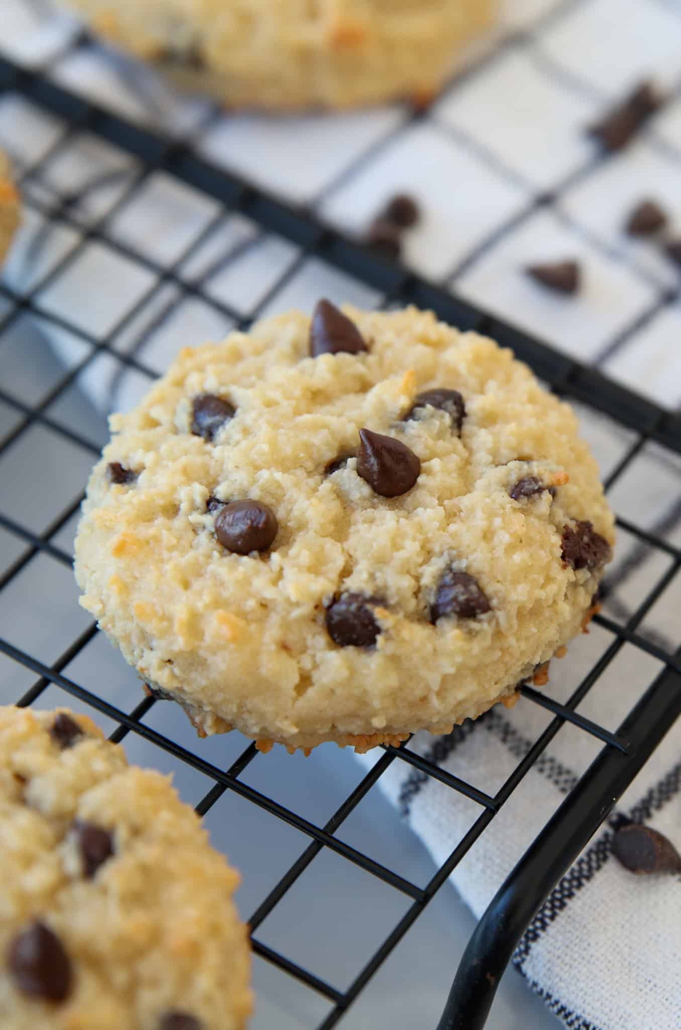 closeup of a cottage cheese chocolate chip cookie.