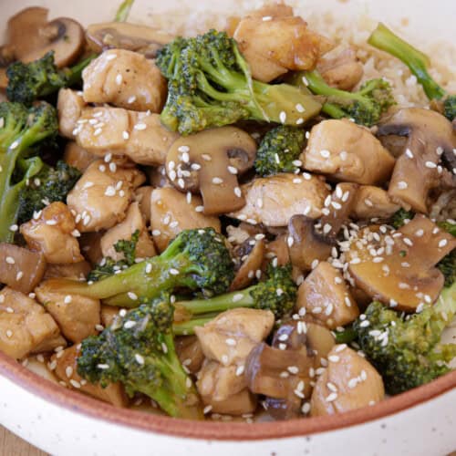 chicken broccoli stir fry with rice and sesame seeds on a large plate