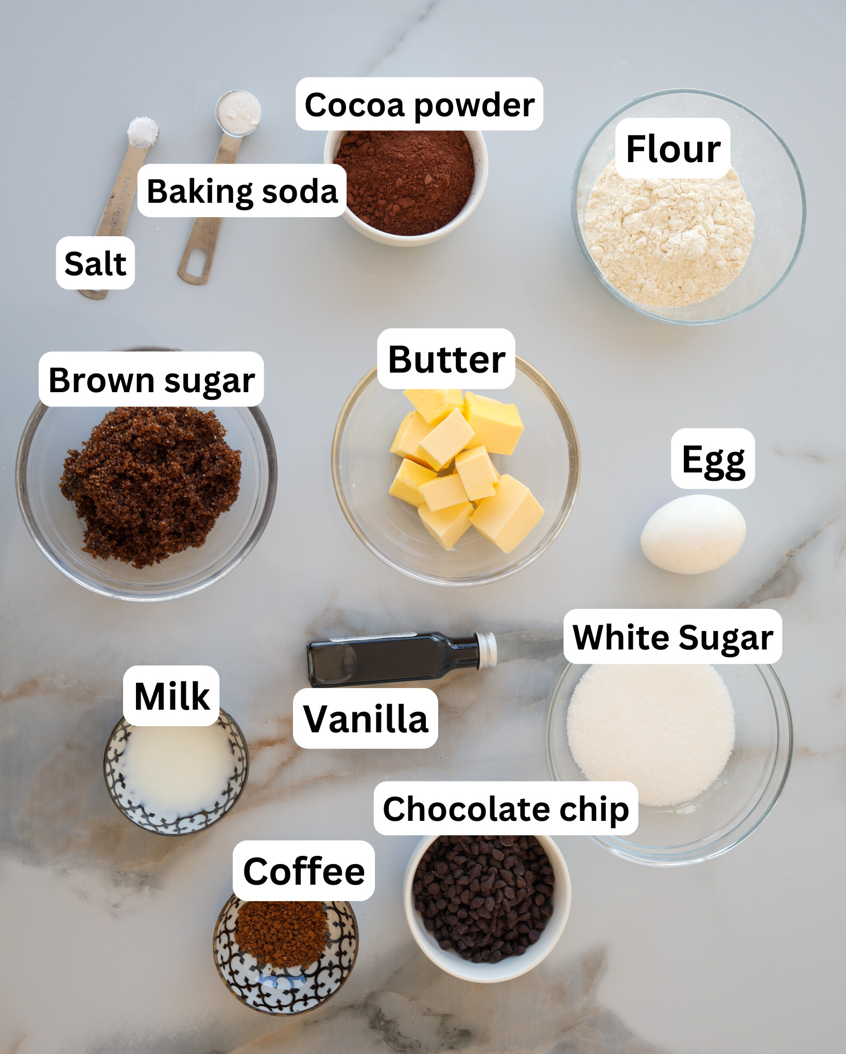 ingredients for double chocolate chip cookies