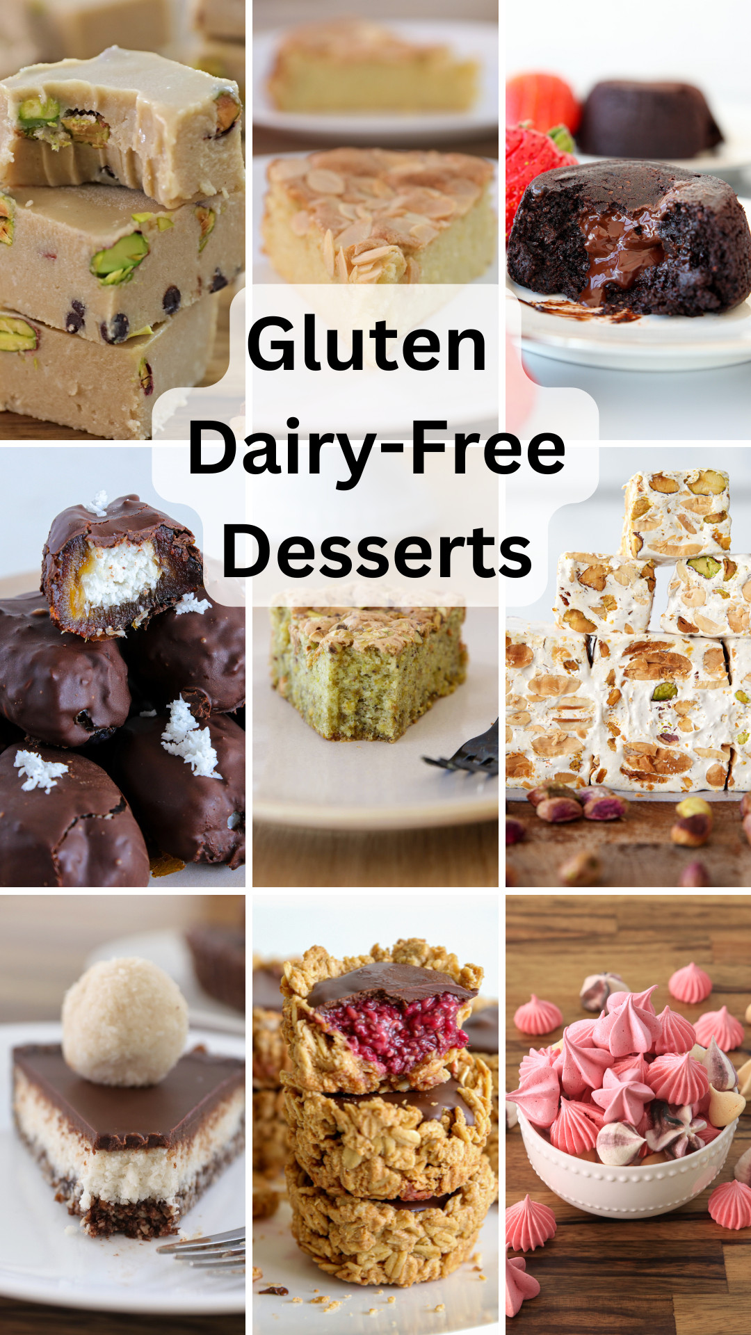 a collage of 9 photos showing gluten and dairy free dessert recipes