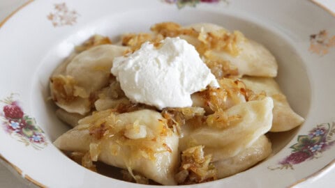 homemade Pierogi in a plate served with sour cream