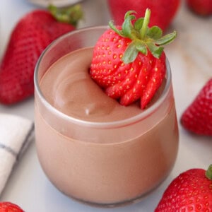 creamy cottage cheese chocolate mouse topped with fresh strawberries