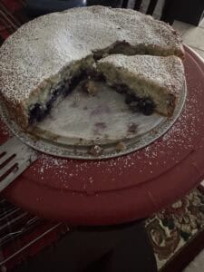 A round blueberry cake dusted with powdered sugar sits on a red plastic tray, with a large slice removed to reveal its moist interior and visible blueberries. A metal spatula rests next to the cake.