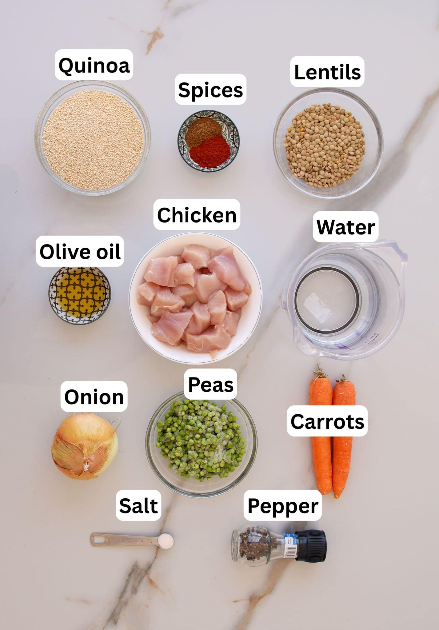 Top view of labeled ingredients for a recipe on a white surface: quinoa, spices, lentils, chicken cubes, water, olive oil, peas, carrots, onion, salt, and pepper. Each item is placed separately and clearly visible.