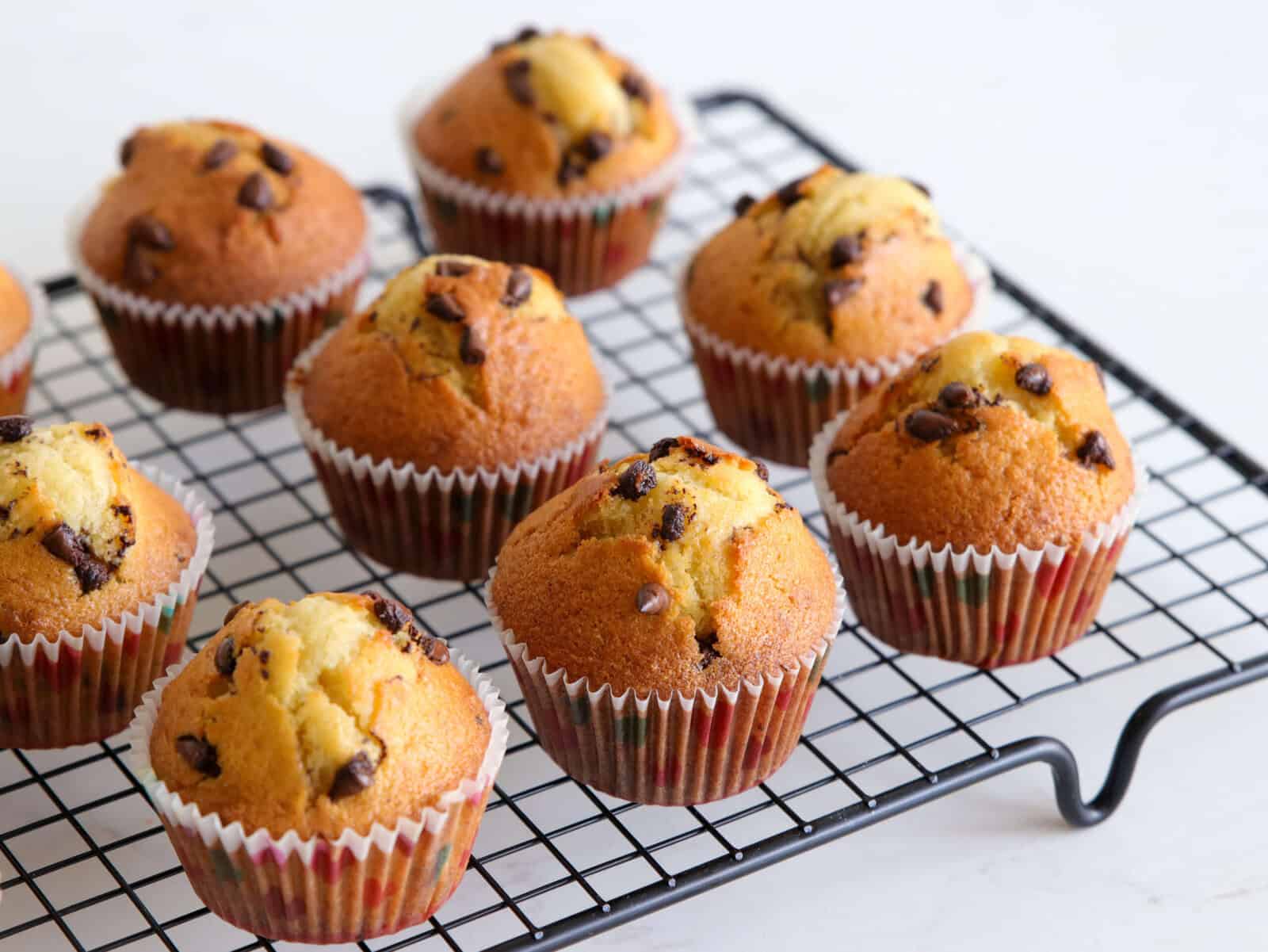 Nine chocolate chip muffins in paper liners are cooling on a black wire rack. The muffins are golden brown with visible chocolate chips and the background is a white surface.