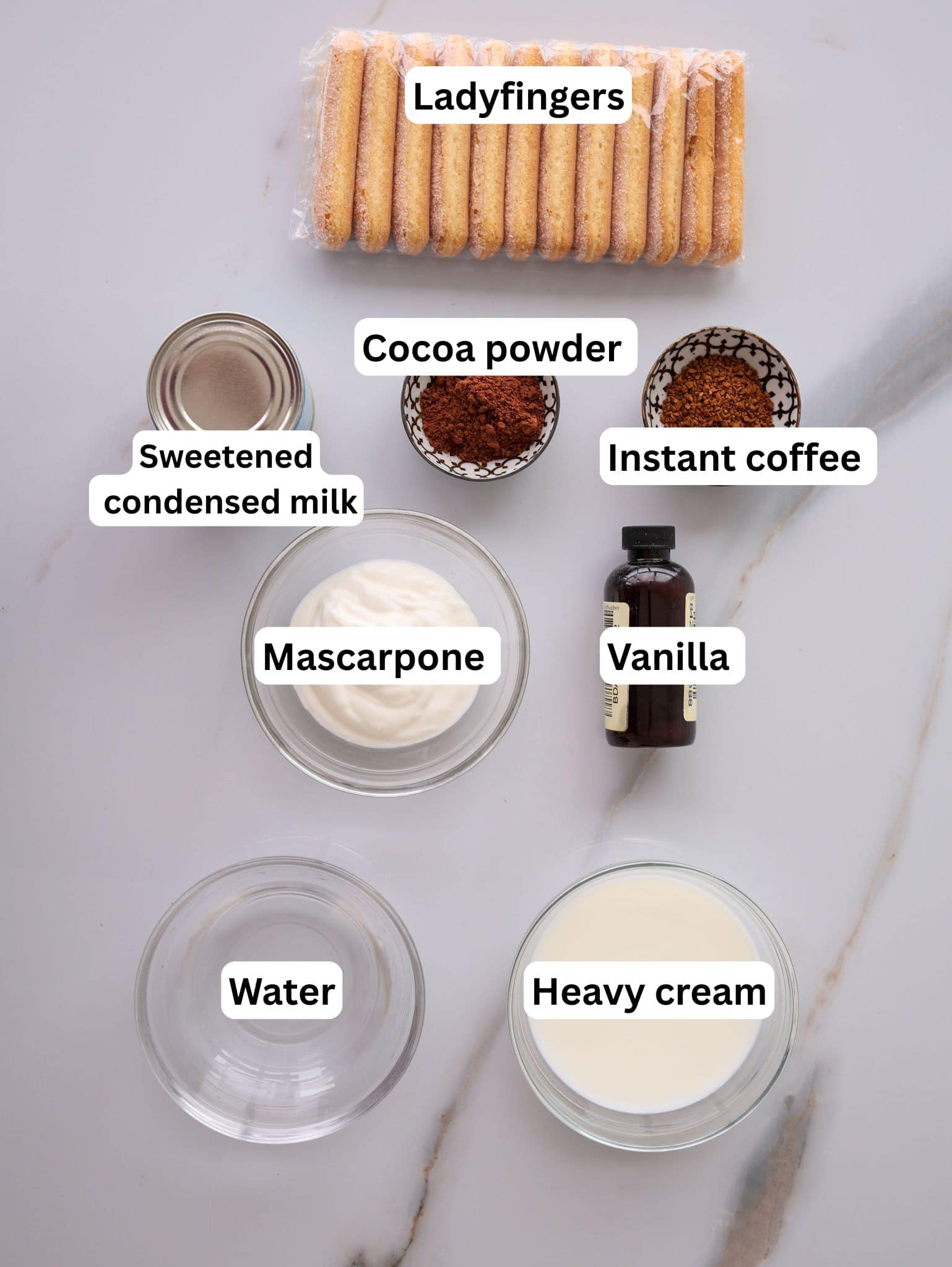 Top-down view of labeled ingredients for tiramisu: ladyfingers, cocoa powder, instant coffee, sweetened condensed milk, mascarpone, vanilla, water, and heavy cream on a light surface.
