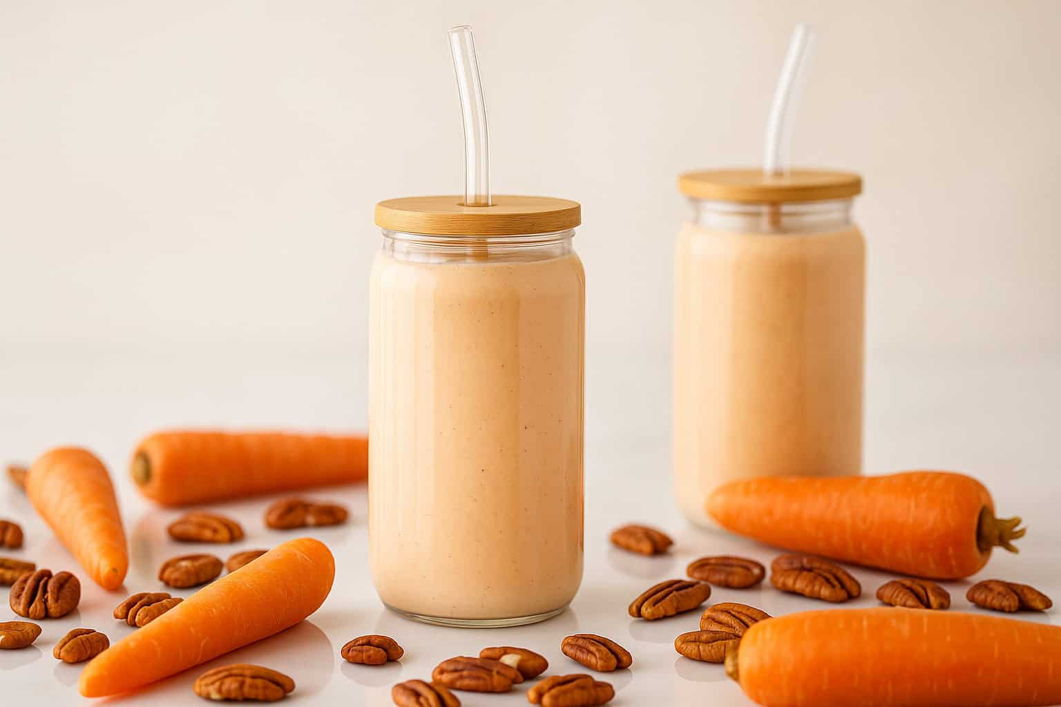 Two glass jars with carrot smoothies, each with a bamboo lid and straw, surrounded by whole carrots and scattered pecans on a white surface.