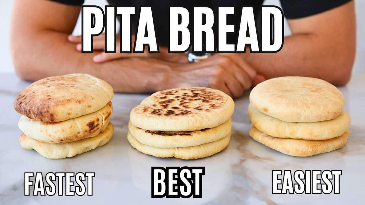 Three stacks of pita bread are displayed on a table with the labels "FASTEST," "BEST," and "EASIEST." A person with folded arms is in the background. The text "PITA BREAD" is written at the top.