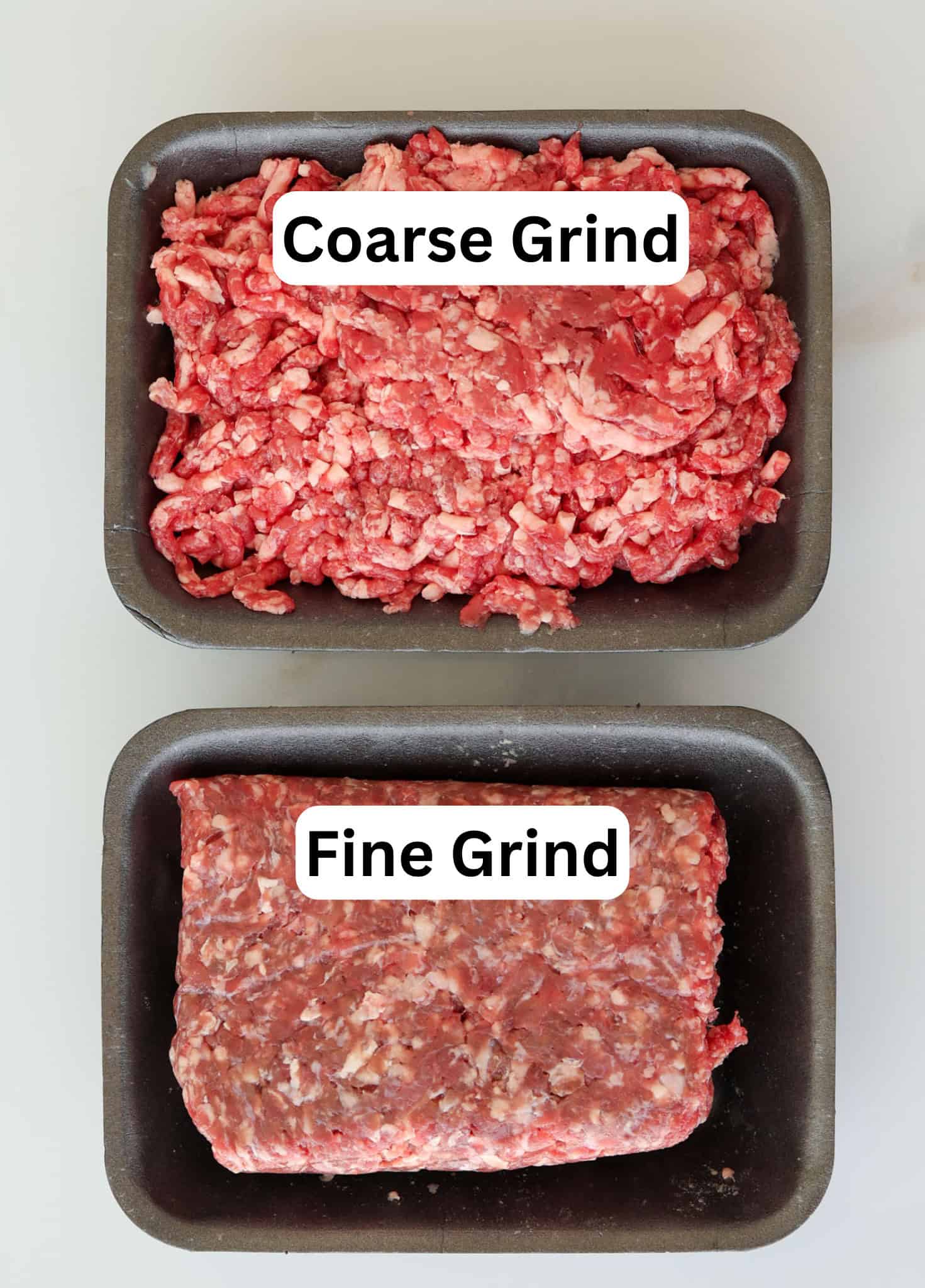 Two trays of ground meat: the top tray contains coarse grind with larger, uneven pieces, and the bottom tray contains fine grind with smaller, uniform bits. Each tray is labeled respectively.