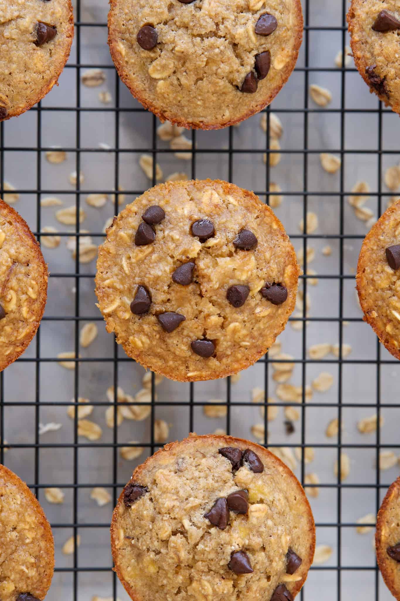 Overhead view of several banana oat muffins with chocolate chips cooling on a black wire rack, with scattered oats visible on a grey surface beneath the rack.