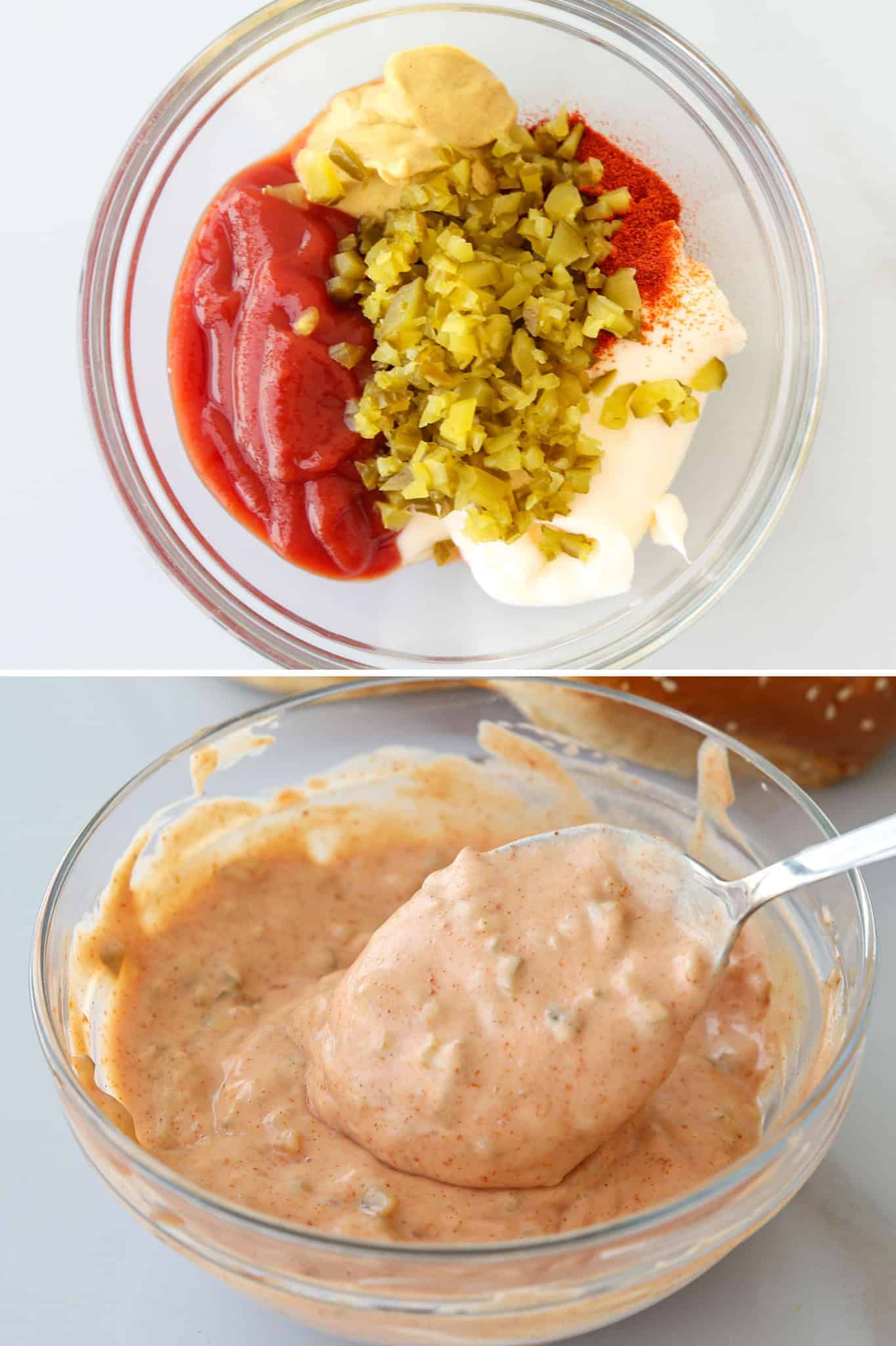 A glass bowl with ketchup, mustard, chopped pickles, mayonnaise, and spices, followed by the same bowl showing the ingredients mixed into a creamy, pinkish sauce with a spoon inside.