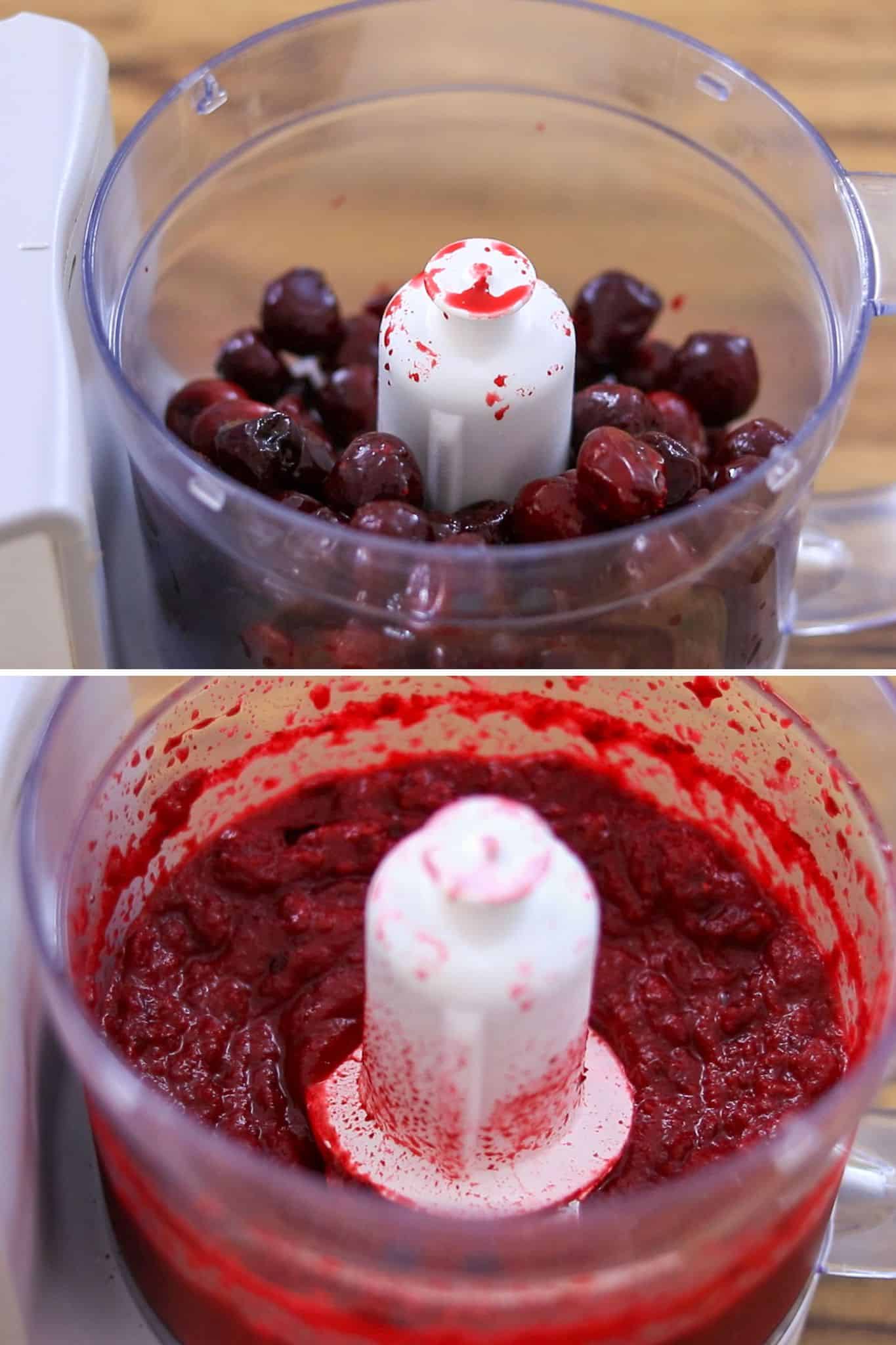 Two-panel image showing a food processor: the top panel contains whole cherries, and the bottom panel shows the cherries blended into a bright red puree.