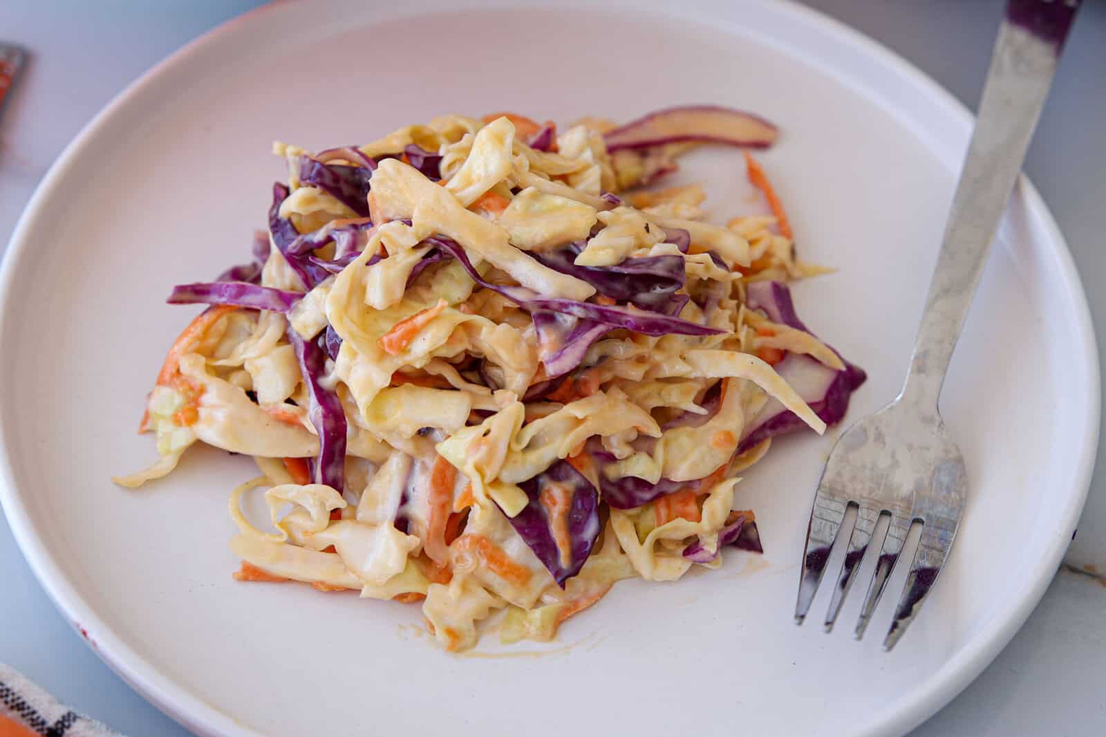 A plate of creamy coleslaw with shredded green and purple cabbage and carrots sits next to a metal fork on a white plate.