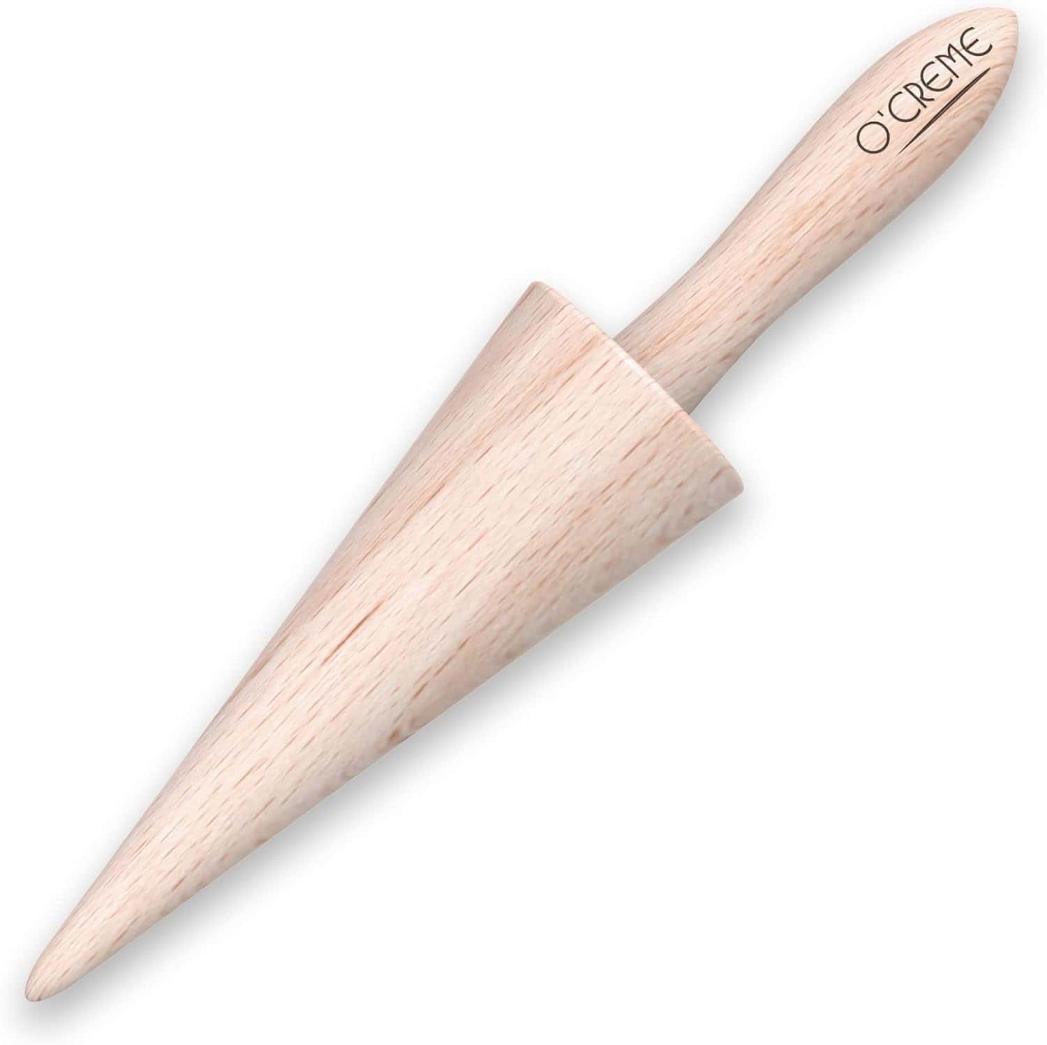 A wooden cream horn mold with a smooth, tapered cone shape and a rounded handle engraved with "O'CREME.