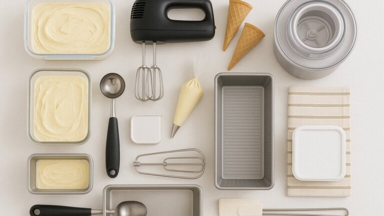 Baking and ice cream tools arranged neatly on a light surface, including a mixer, spatulas, loaf pan, ice cream scoops, piping bag, ice cream cones, containers with batter, and a striped kitchen towel.