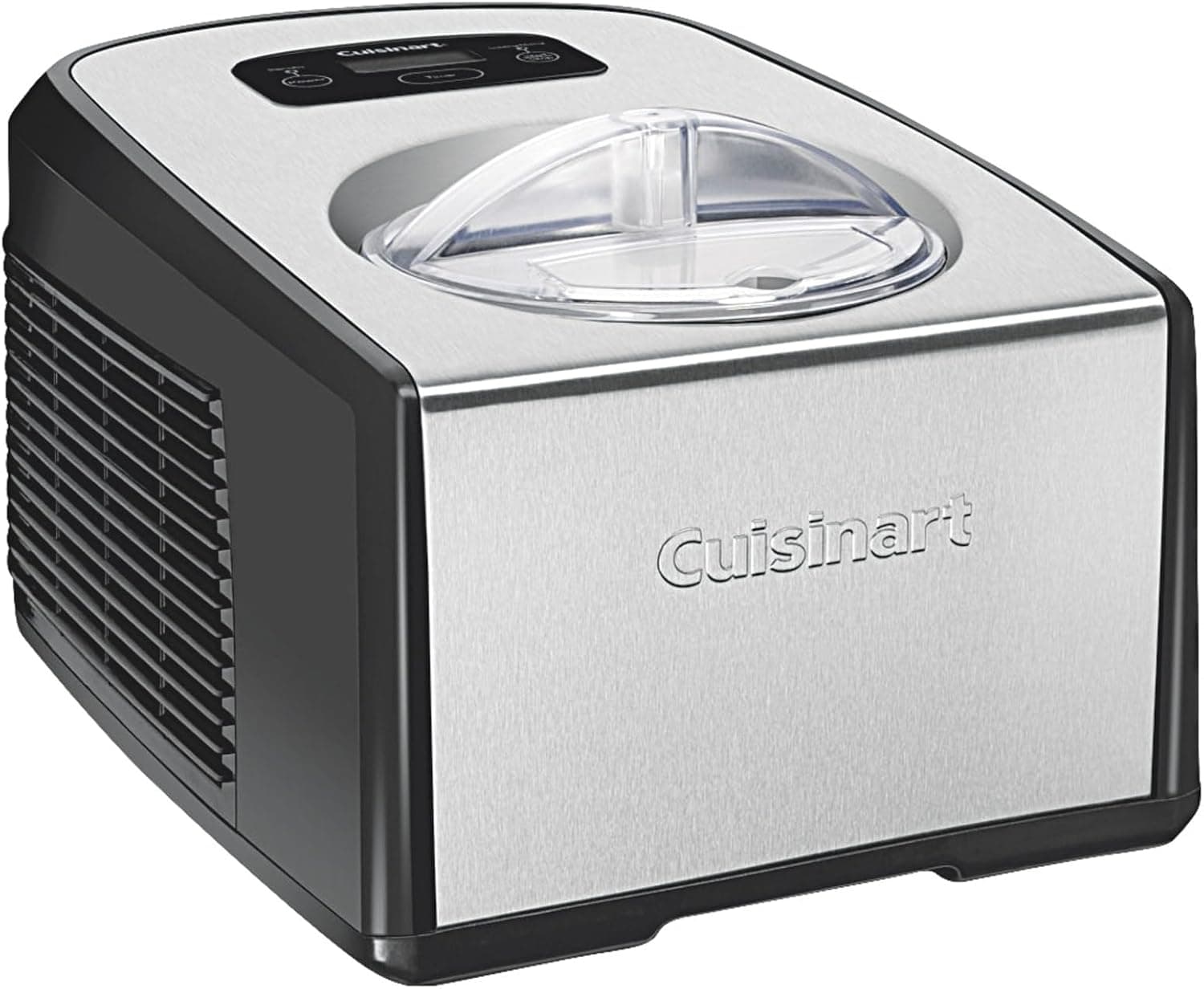 A stainless steel Cuisinart ice cream maker with a clear lid, digital control panel, and black side vents, displayed on a white background.