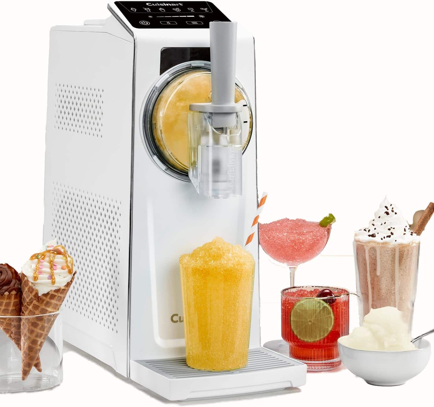 A white countertop dessert maker surrounded by various treats, including ice cream cones, a yellow frozen drink, a pink cocktail, a chocolate milkshake with whipped cream, and a cup of white shaved ice.