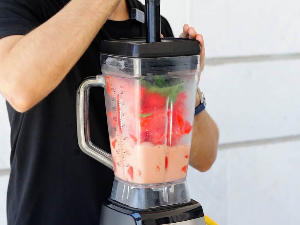 A person wearing a black shirt uses a blender filled with pink liquid, red fruit pieces, and green leaves, likely making a smoothie, against a light-colored background.