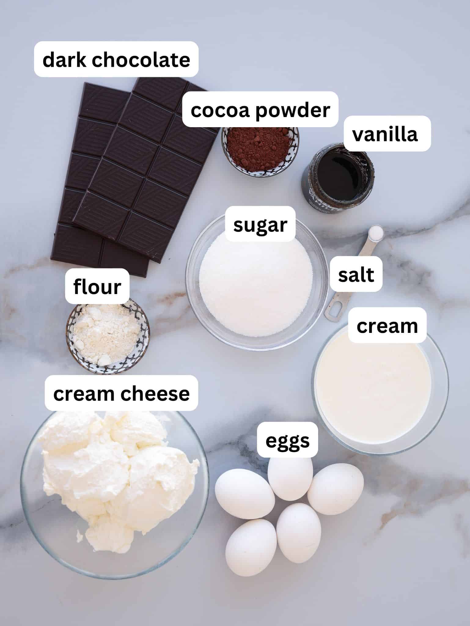 A flat lay of labeled baking ingredients on a marble surface: dark chocolate, cocoa powder, vanilla, sugar, flour, salt, cream, cream cheese, and four eggs.