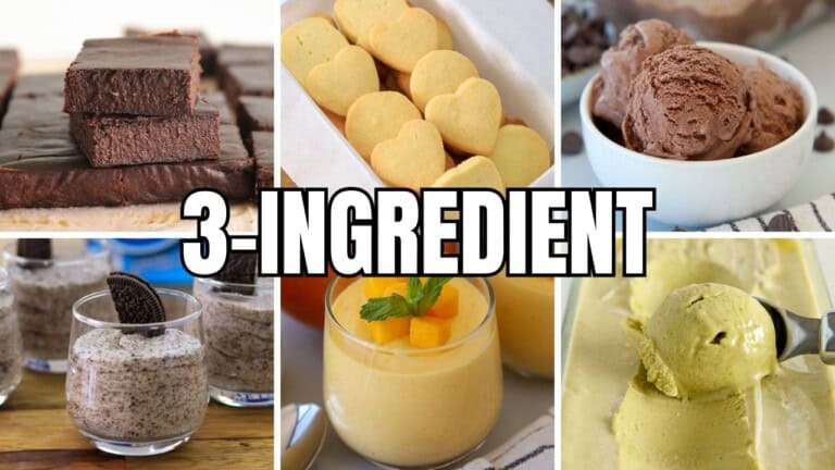 A collage of 3-ingredient desserts, including brownies, heart-shaped cookies, chocolate ice cream, cookies and cream mousse, mango mousse, and vanilla ice cream, with the text "3-INGREDIENT" bold across the center.