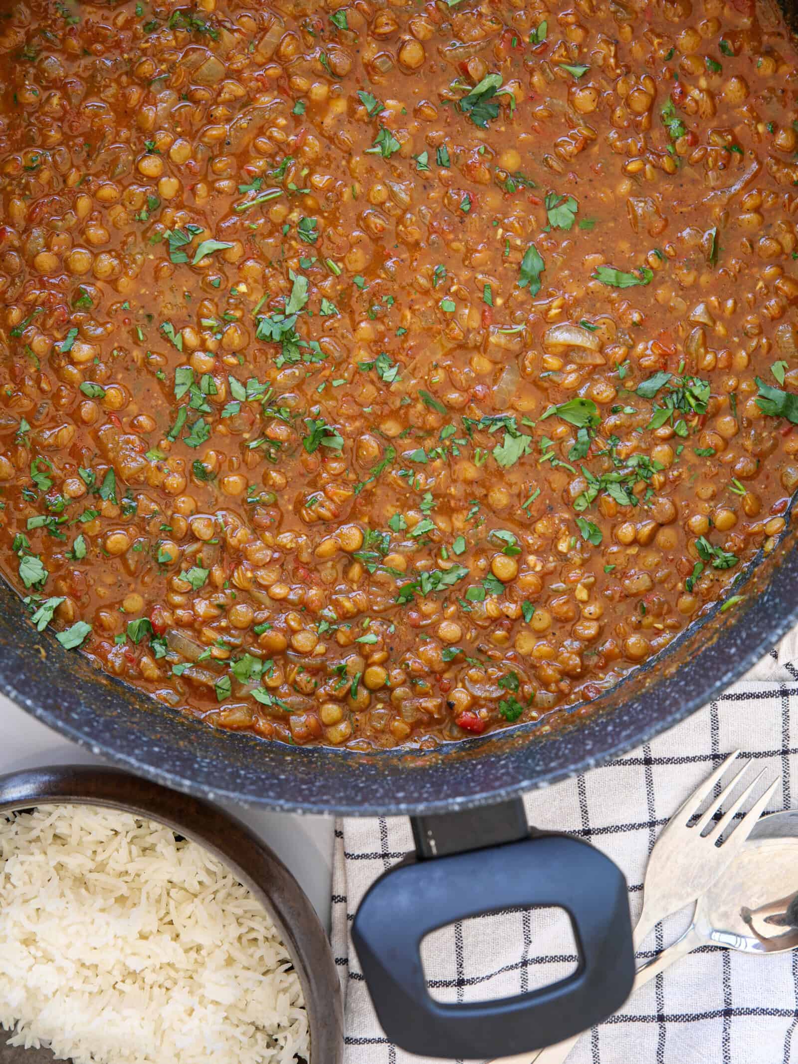 A pot of lentil dahl garnished with fresh herbs sits on a checkered cloth beside a bowl of white rice and a set of metal serving utensils.