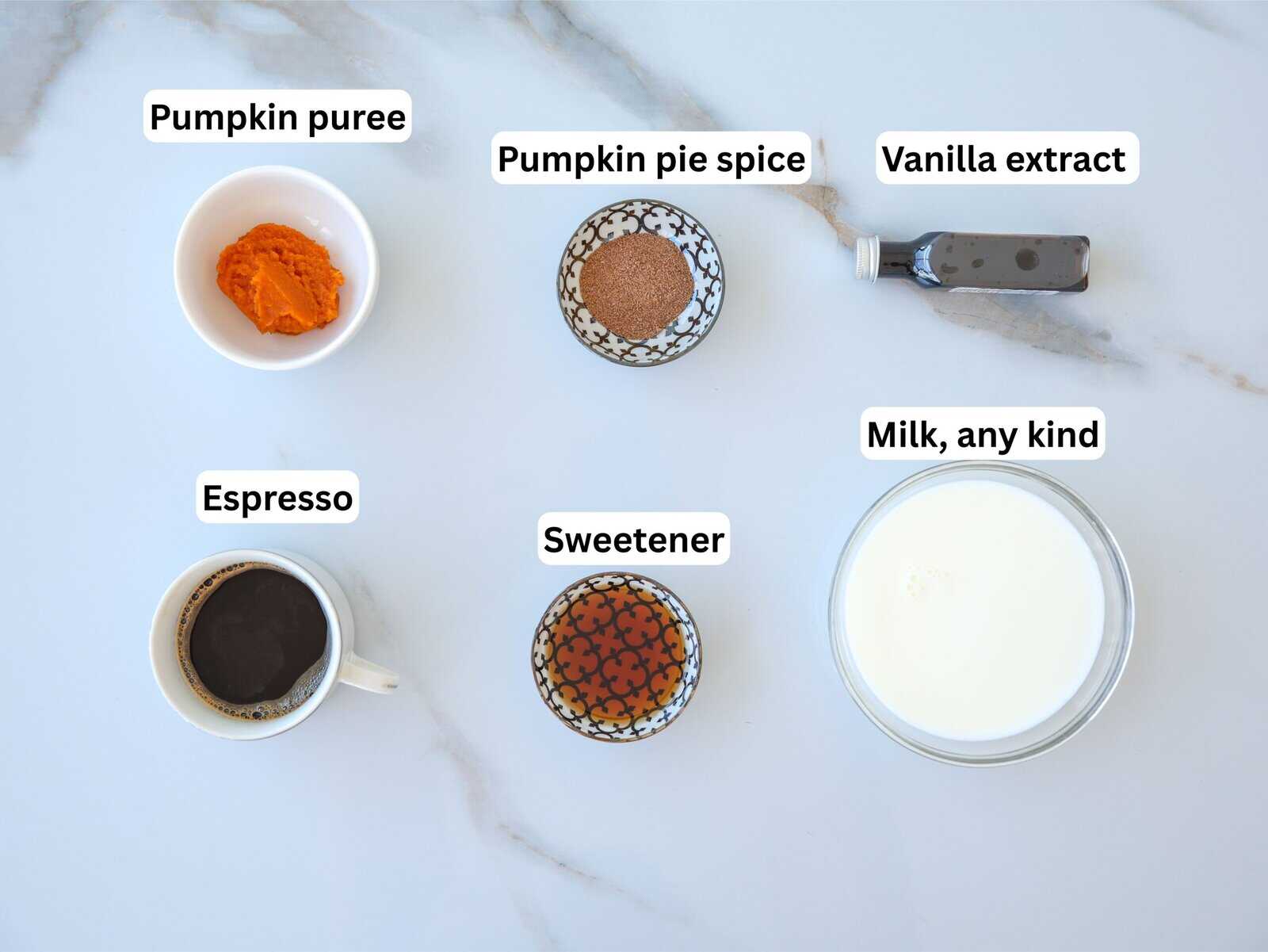 Ingredients for a pumpkin spice latte are arranged on a white surface: pumpkin puree, pumpkin pie spice, vanilla extract, espresso, sweetener, and a bowl of milk. Each item is labeled.
