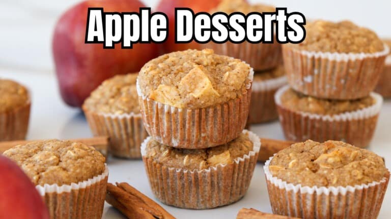 Assorted apple muffins stacked and arranged on a table with cinnamon sticks and apples. Bold text at the top reads, "Apple Desserts.