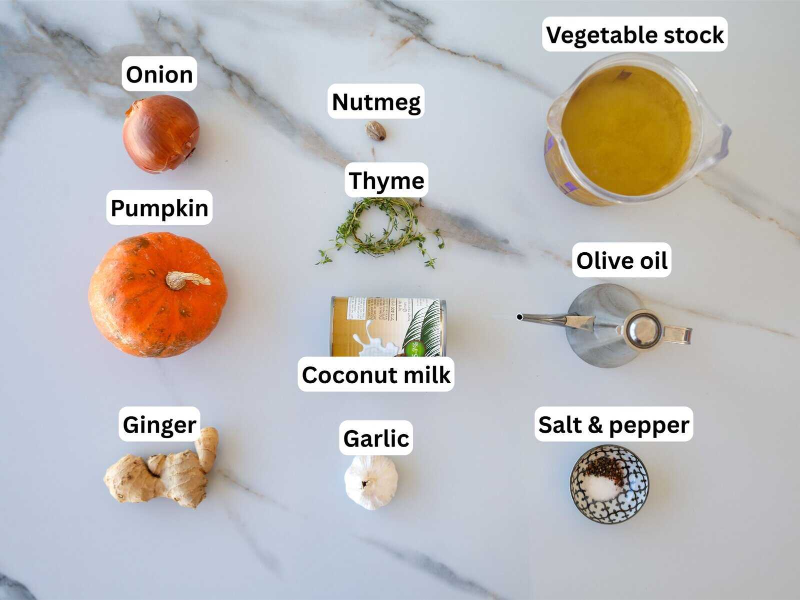 Flat lay of soup ingredients on a white surface: onion, pumpkin, ginger, garlic, nutmeg, thyme, coconut milk, vegetable stock, olive oil, salt, and pepper, each labeled with text.